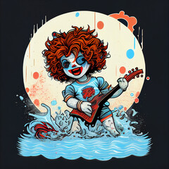Illustration of sinister clown with guitar. AI generative.