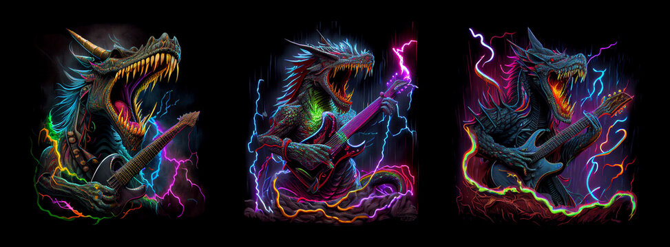 Angry dragon with guitar in American style. Rock concert. AI generative.