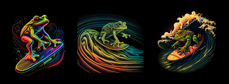 Funny frog surfing rainbow wave. AI generative.