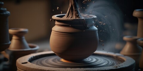pottery wheel in motion with wet clay being shaped and formed into a beautiful vase or bowl, concept of Hand Crafting, created with Generative AI technology - obrazy, fototapety, plakaty
