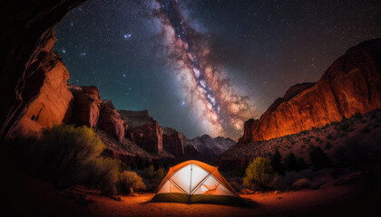 tent camping in zion national park at night milky way generative AI