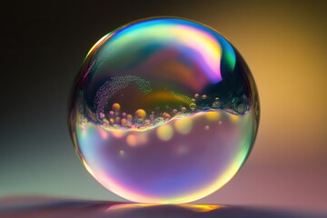 Close-up of soap bubble with its iridescent colors and delicate shape, concept of Brightness and Reflection, created with Generative AI technology