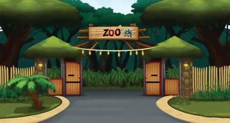 Scene with zoo entrance in forest background