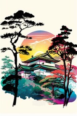 Japanese Landscape with House on the Mountain and the Rising Sun in the Background - Poster Wall Art - Generative AI Illustration 