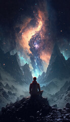 man sitting on a mountain staring at the milky way generative AI