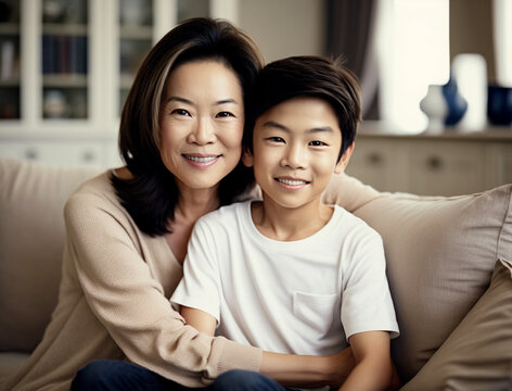 Portrait of Asian mother and son sitting close together on sofa, looking at the camera and smiling.  Illustration created with Generative AI technology.  