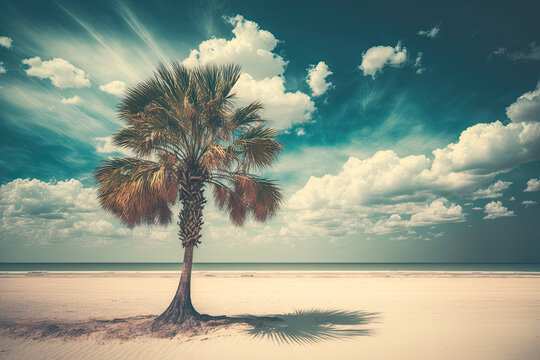 a beach by the sea with palm trees. in a vintage look. retro colors. Generative AI