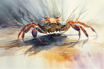A crab scuttling along the sand, watercolour style generative AI - obrazy, fototapety, plakaty