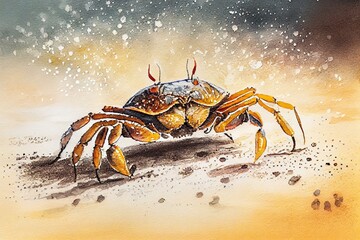 Fototapeta na wymiar A crab scuttling along the sand, watercolour style generative AI