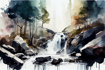 A waterfall in a mountain stream, watercolour style, Generative AI