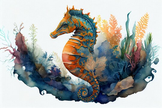 A seahorse in the coral reef, watercolour style generative AI