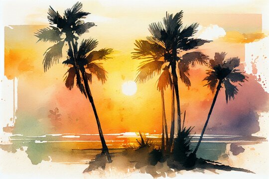 A beach sunset with palm trees, watercolour style generative AI