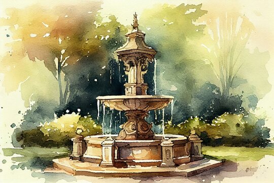 A water fountain in a park, watercolour style generative AI