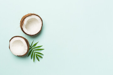 Coconut with leaves on color background, top view