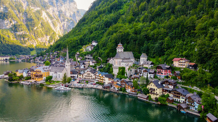 Aerial view of Hallstatt village, mountains background in Austria Stock Photos and Images - drone view