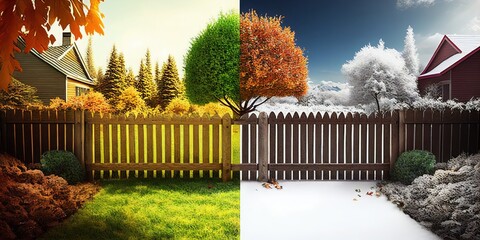 split comparison view of different summer vs winter seasons, aging or timeline of environmental climate change concepts as wide banner - Generative AI