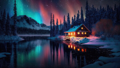 Fototapeta premium cabin in the snowy mountains under aurora sky generative AI