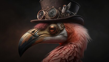 Steampunk flamingo. Flamingo in steampunk costume. Characterized steampunk flamingo. Steampunk costumes and accessories. Generated by AI.