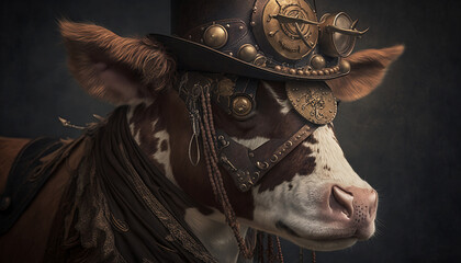 Steampunk cow. Cow in steampunk costume. Characterized steampunk cow. Steampunk costumes and accessories. Generated by AI.
