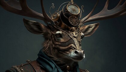 Steampunk deer. Deer in steampunk costume. Characterized steampunk deer. Steampunk costumes and accessories. Generated by AI.
