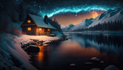cabin in the snowy mountains under starry sky generative AI