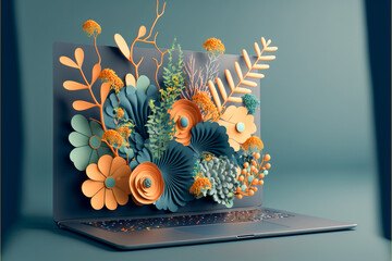 3d laptop with abstract botanical elements, generative ai