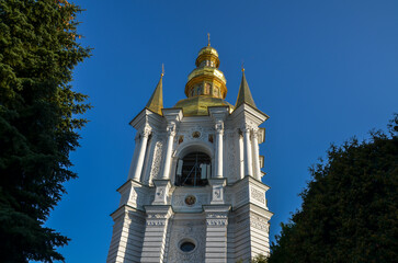 The bell tower in the distant caves of Ukrainian orthodox church at Pechersk Lavra monastery complex in Kyiv, Ukraine