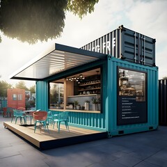 Container Transformed into a Chic Outdoor Coffee Shop - obrazy, fototapety, plakaty
