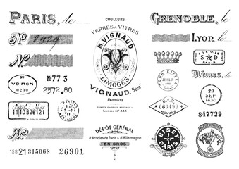 vintage French Paris design elements, calligraphic elements, postage and other stamps, numbers etc. with authentic old print / stamp textures, isolated over transparency