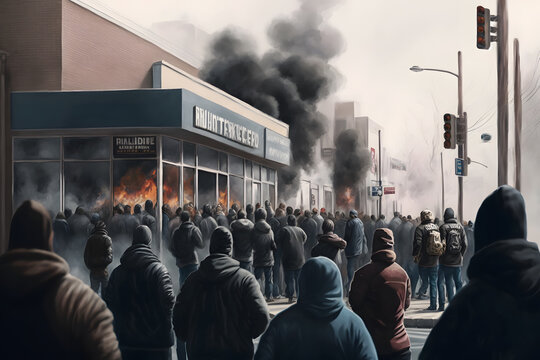 The crowd riots in the street, protests. Neural network AI generated art