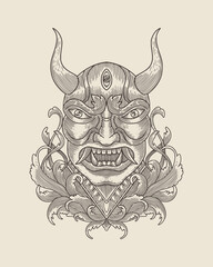 hanya demon mask with ornament in vintage engraving style