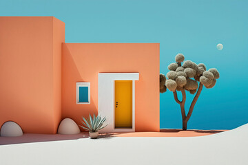 Minimal Vibrant Island Landscape Stucco Home Building Door Tree Sky Generative AI