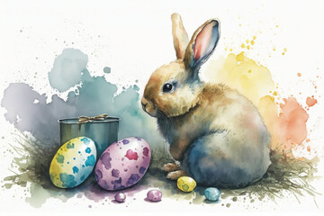Watercolor Easter Bunny With Eggs Illustration, Easter Holiday, Generative Ai