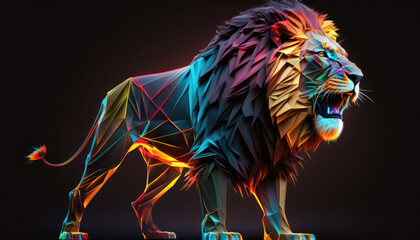 colorful wireframe low poly lion art generative AI