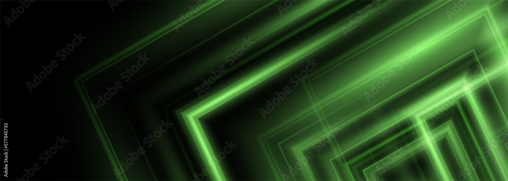 Aufkleber black wide abstract background with green neon shapes. futuristic banner with green luminous lines. 