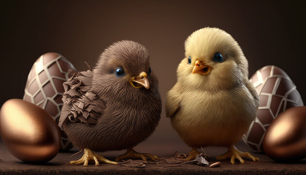 Ein braunes und ein gelbes K&uuml;ken mit Ostereiern  und Schokolade (Generative AI)