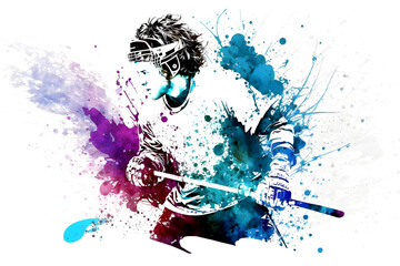 Fototapeta na wymiar Sportsman playing hockey on watercolor rainbow splash. Neural network AI generated art