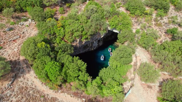 Famous Melissani lake on Kefalonia island, Karavomylos, Greece.