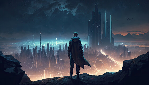 Cloaked Man Overlooking Big City Generative AI