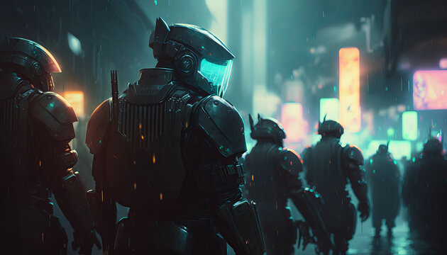 Cyberpunk policeman soldier . Illustration of a futuristic society. Digital painting and conceptual art. Generative AI.