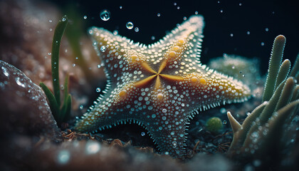 beautiful sea star at the bottom of the crystal ocean, underwater plants and shellfish. Created using AI.