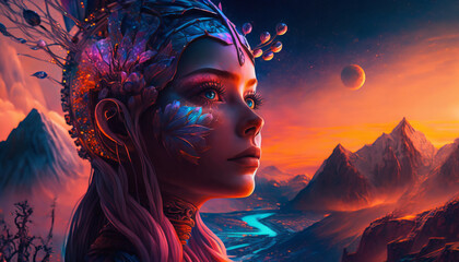 Woman Portrait. Meditation, DMT, higher consciousness and transcendental concept. Self-transforming elf machines.