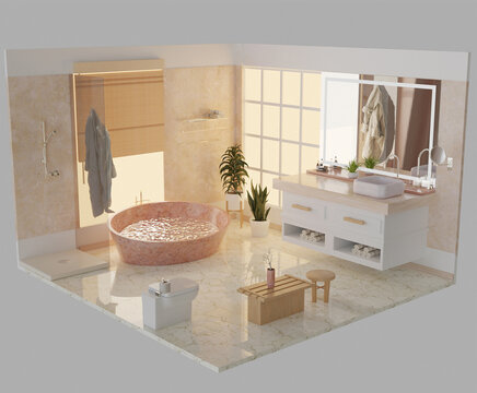 modern bathroom with a marble tub and a mirror