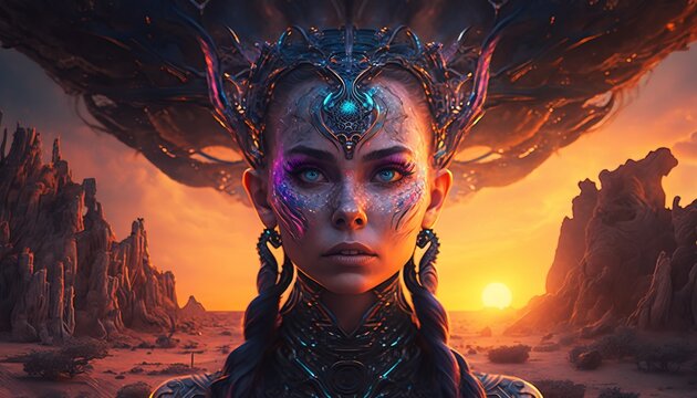 Woman Portrait. Meditation, DMT, higher consciousness and transcendental concept. Self-transforming elf machines.