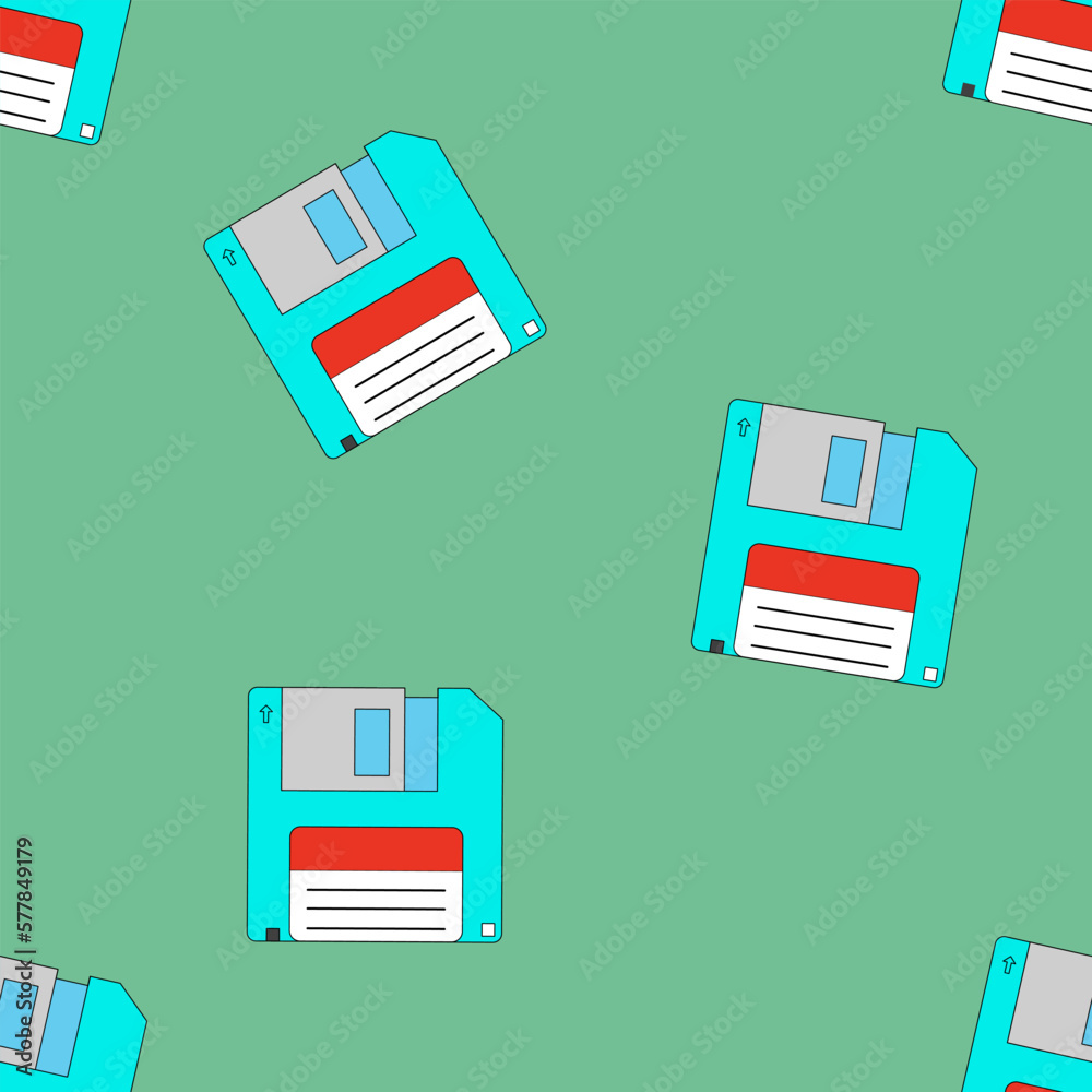 Fototapete Seamless pattern with floppy disk or diskette retro electronic storage device, doodle style vector
