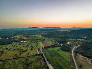 Naklejka premium Sa Coma, Mallorca Fields, Aerial Photo, Late Evening