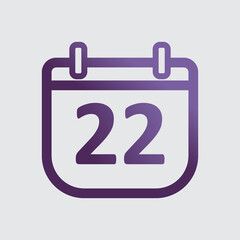 purple color minimalist calendar icon. Day 22 calendar symbol. outline calendar with gradient. simple design. Isolated vector item. notification, memo, organization, time management. day twenty two