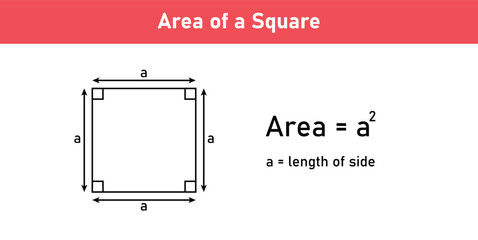 Area formula of square shapes. Area formulas for square 2d shapes. Vector illustration isolated on white background. © SAMYA