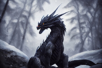 Black dragon in snowy forest Generative AI