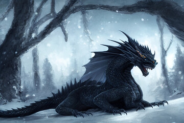 Black dragon in snowy forest Generative AI